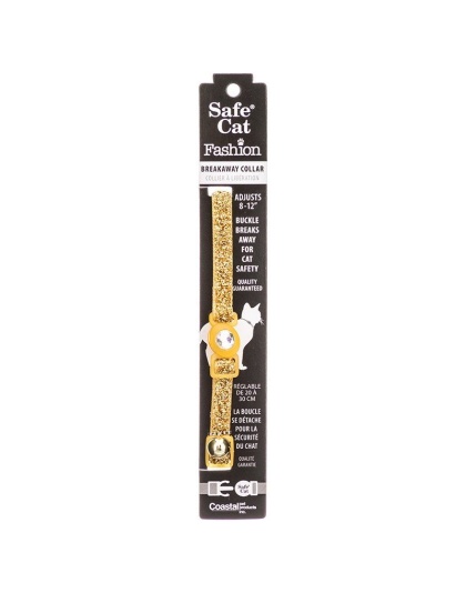 Safe Cat Jeweled Adjustable Breakaway Cat Collar - Gold Glitter - For Necks 8in.-12in. - (3/8in. Wide)