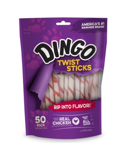 Dingo Twist Sticks Rawhide Chew with Chicken in the Middle - 6" Long (50 Pack)