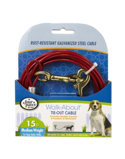 Four Paws Walk-About Tie-Out Cable Medium Weight for Dogs up to 50 lbs - 15' Long