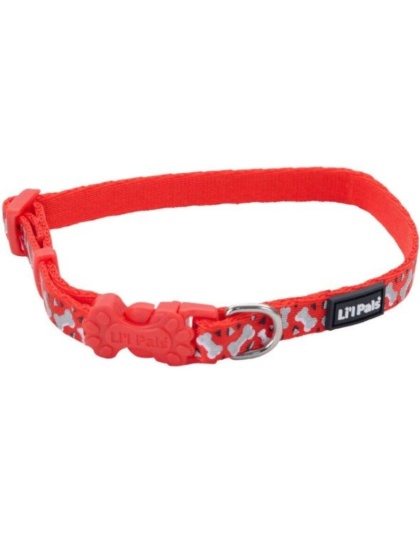 Li'L Pals Reflective Collar - Red with Bones - 6-8"L x 3/8"W