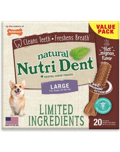 Nylabone Natural Nutri Dent Filet Mignon Dental Chews - Limited Ingredients - Large - 20 Count