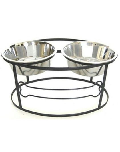 Bone Raised Double Dog Bowl - Medium/Black